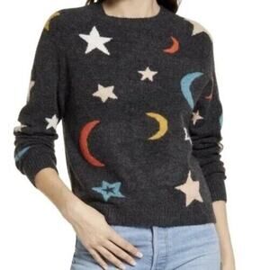 BB Dakota Steve Madden Hey Moon Sweater Women S Gray Moon Star Pattern Cozy NWT